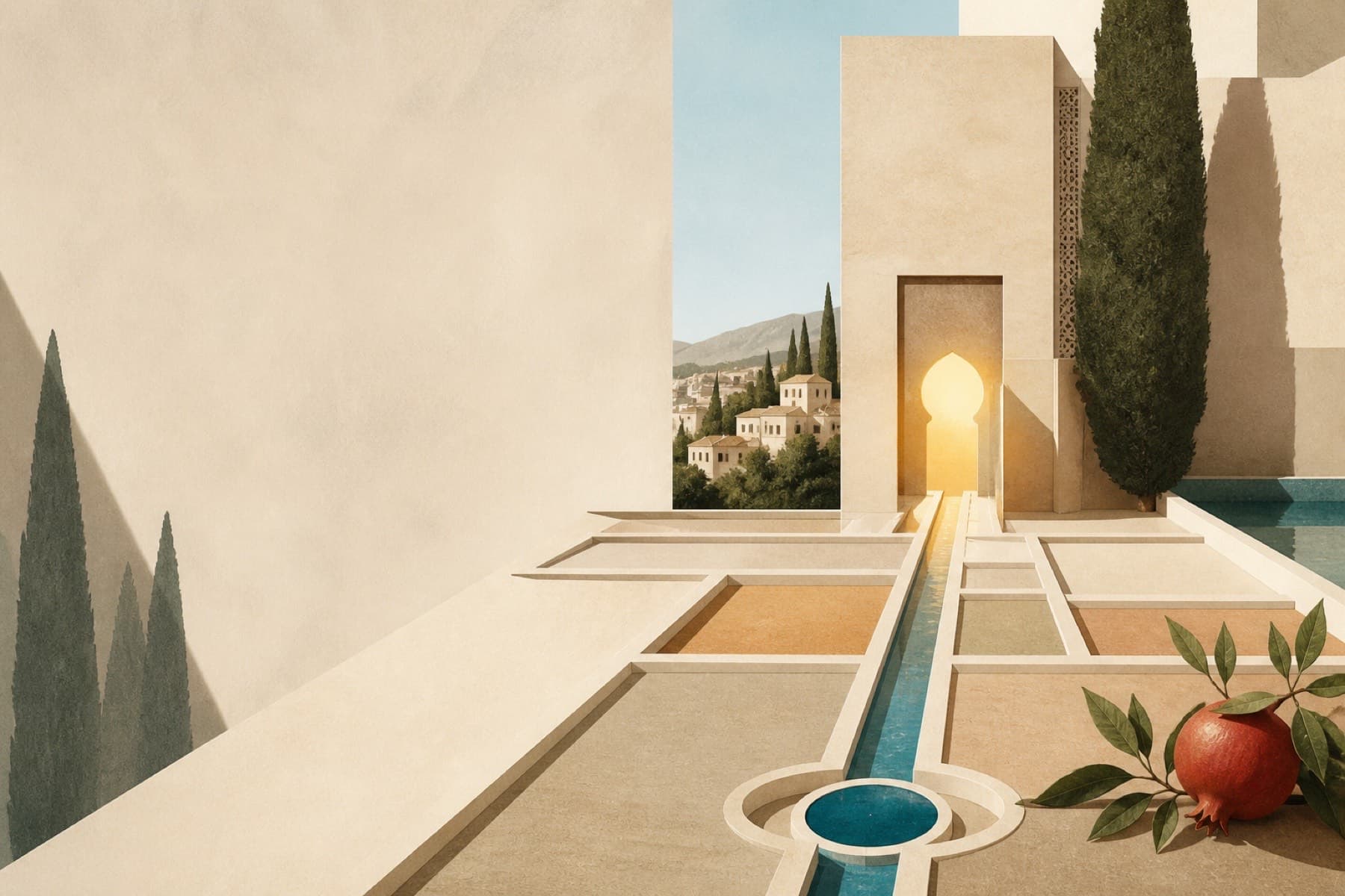 Ruhiger, von Granada inspirierter Hof mit Wasser und Zypressen